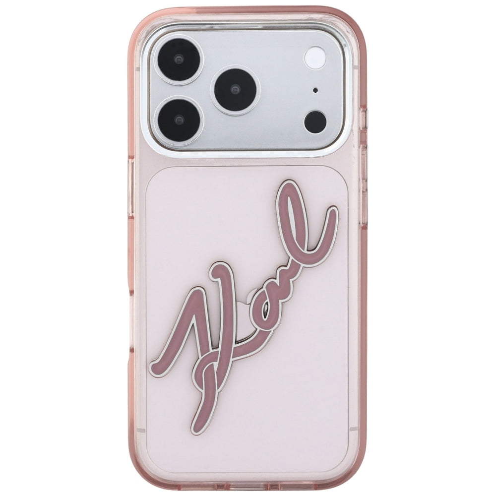 Custodia per Apple iPhone 18 Pro / 17 Pro, Karl Lagerfeld, IML Big Signature Resin Logo e Cornice in Metallo, Rosa
