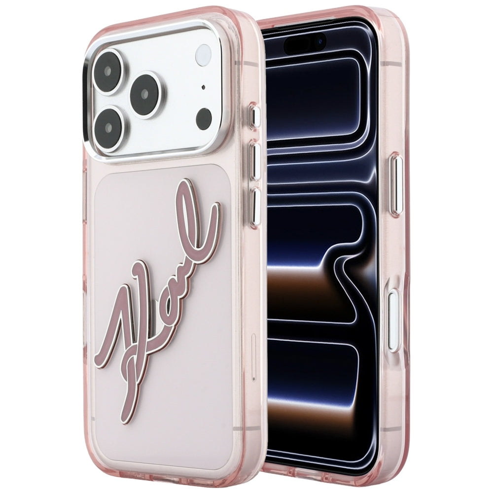 Custodia per Apple iPhone 18 Pro / 17 Pro, Karl Lagerfeld, IML Big Signature Resin Logo e Cornice in Metallo, Rosa