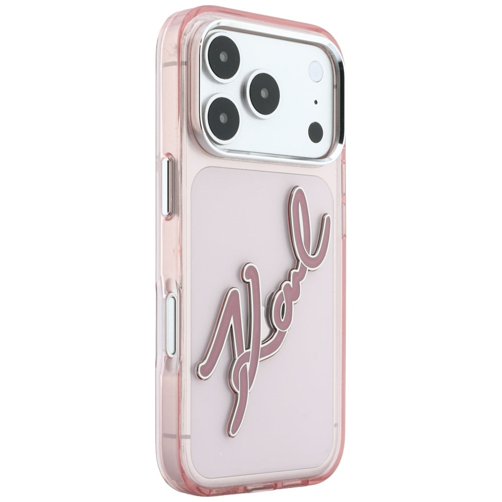 Custodia per Apple iPhone 18 Pro / 17 Pro, Karl Lagerfeld, IML Big Signature Resin Logo e Cornice in Metallo, Rosa