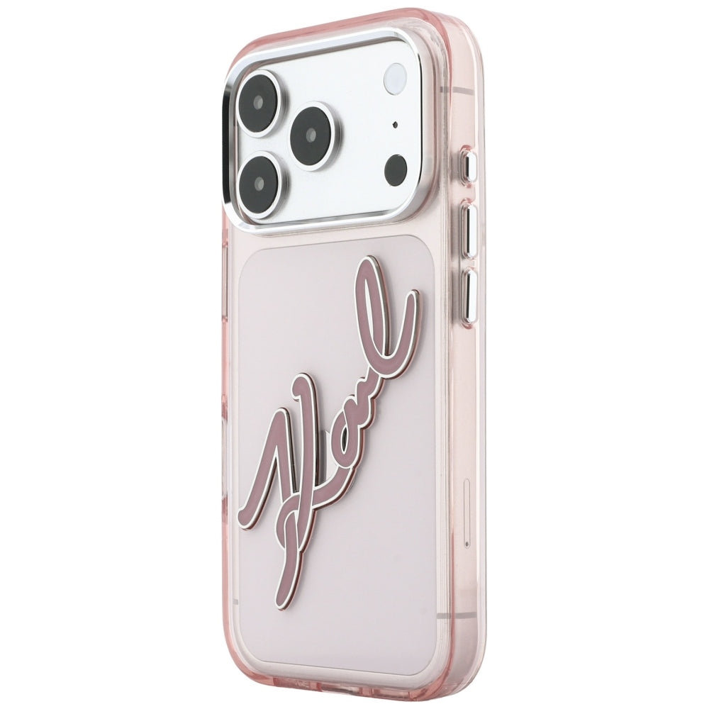 Custodia per Apple iPhone 18 Pro / 17 Pro, Karl Lagerfeld, IML Big Signature Resin Logo e Cornice in Metallo, Rosa