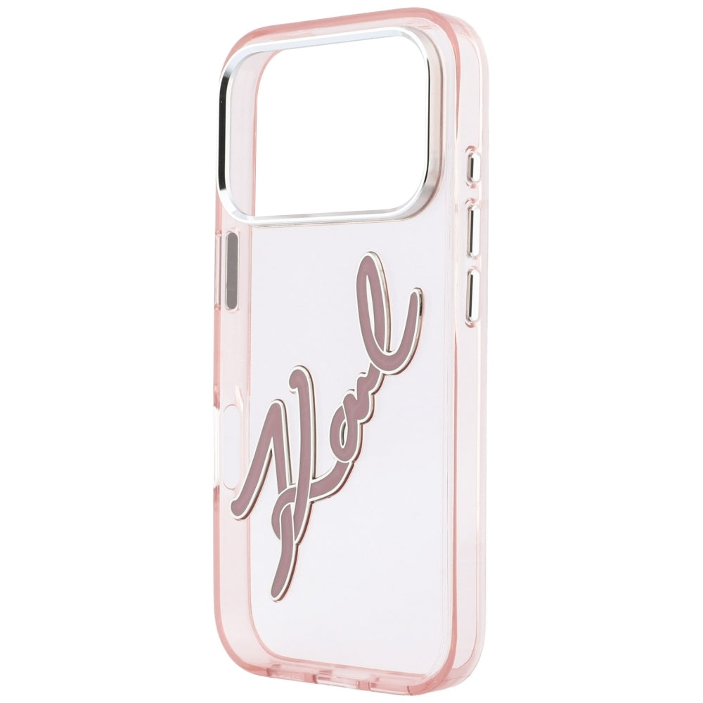 Custodia per Apple iPhone 18 Pro / 17 Pro, Karl Lagerfeld, IML Big Signature Resin Logo e Cornice in Metallo, Rosa
