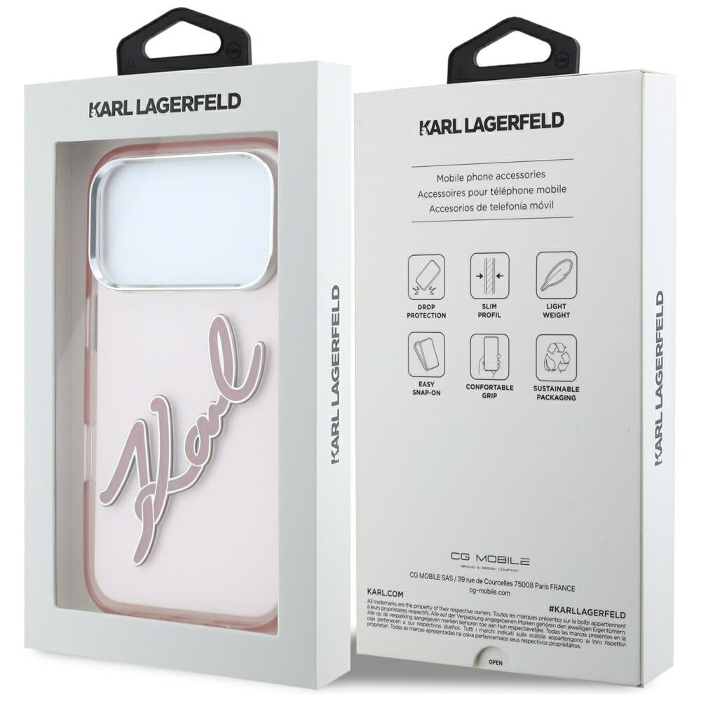 Custodia per Apple iPhone 18 Pro / 17 Pro, Karl Lagerfeld, IML Big Signature Resin Logo e Cornice in Metallo, Rosa