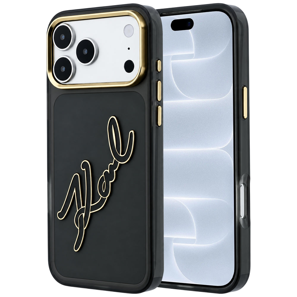 Custodia per Apple iPhone 18 Pro / 17 Pro, Karl Lagerfeld, IML Big Signature Resin Logo e Cornice in Metallo, Nera