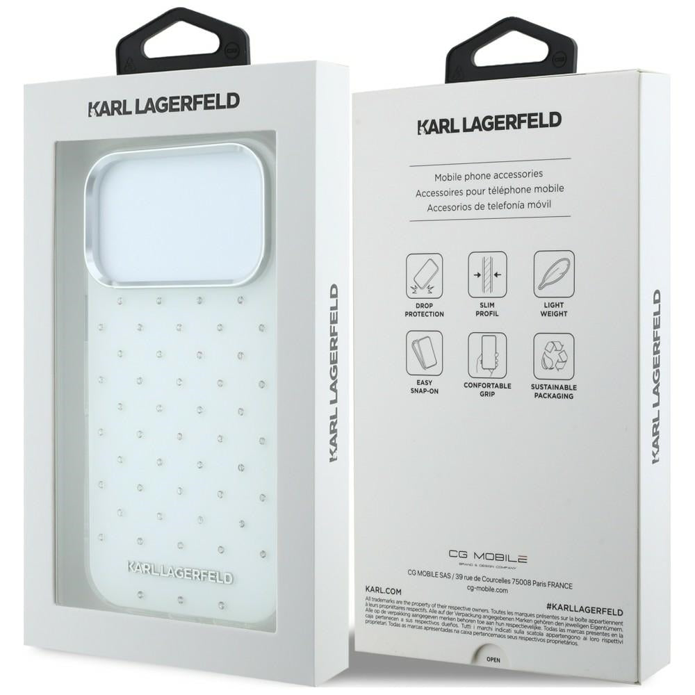Custodia per Apple iPhone 18 Pro / 17 Pro, Karl Lagerfeld, IML Strass e Logo Elettrodeposto, Bianca