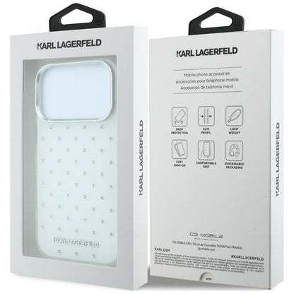 Custodia per Apple iPhone 18 Pro / 17 Pro, Karl Lagerfeld, IML Strass e Logo Elettrodeposto, Bianca