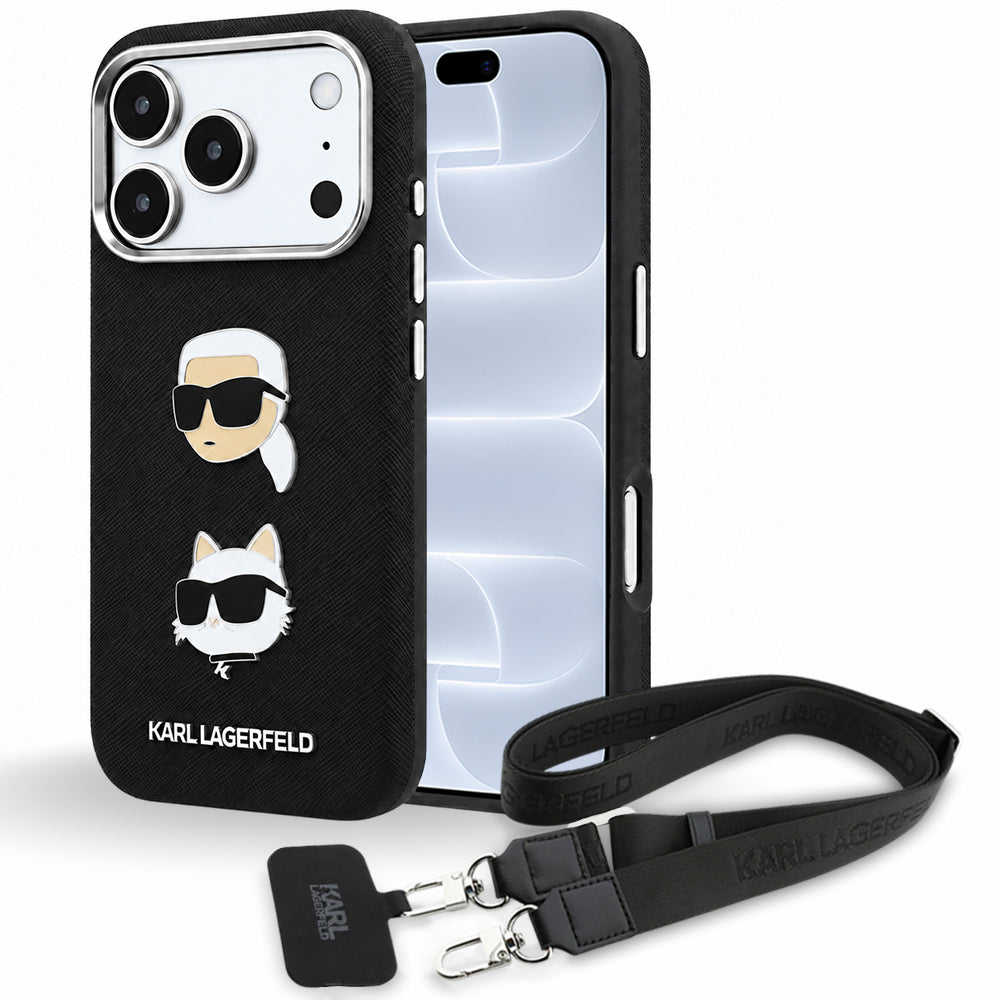 Custodia per Apple iPhone 18 Pro / 17 Pro, Karl Lagerfeld, Saffiano Crossbody Karl & Choupette Head's Pins Logo, nera