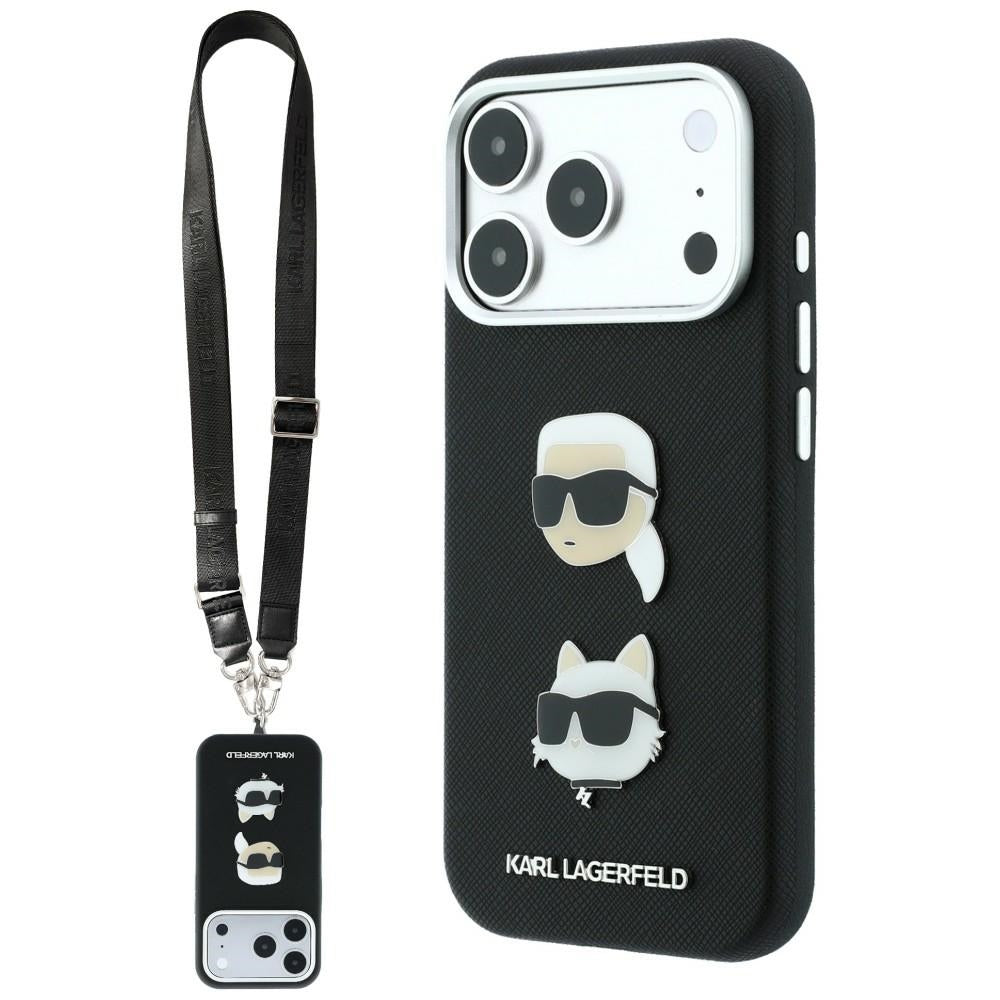 Custodia per Apple iPhone 18 Pro / 17 Pro, Karl Lagerfeld, Saffiano Crossbody Karl & Choupette Head's Pins Logo, nera