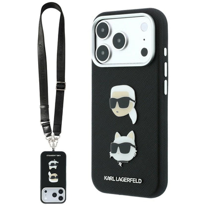 Custodia per Apple iPhone 18 Pro / 17 Pro, Karl Lagerfeld, Saffiano Crossbody Karl & Choupette Head's Pins Logo, nera