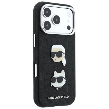 Custodia per Apple iPhone 18 Pro / 17 Pro, Karl Lagerfeld, Saffiano Crossbody Karl & Choupette Head's Pins Logo, nera