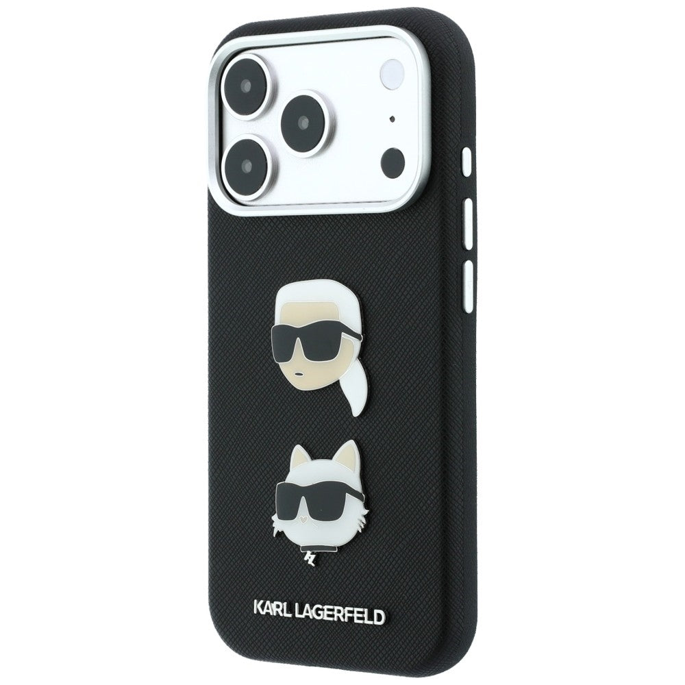 Custodia per Apple iPhone 18 Pro / 17 Pro, Karl Lagerfeld, Saffiano Crossbody Karl & Choupette Head's Pins Logo, nera