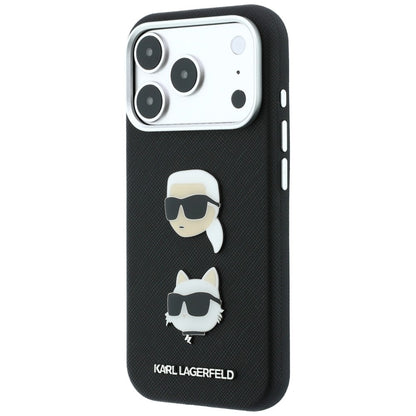 Custodia per Apple iPhone 18 Pro / 17 Pro, Karl Lagerfeld, Saffiano Crossbody Karl & Choupette Head's Pins Logo, nera