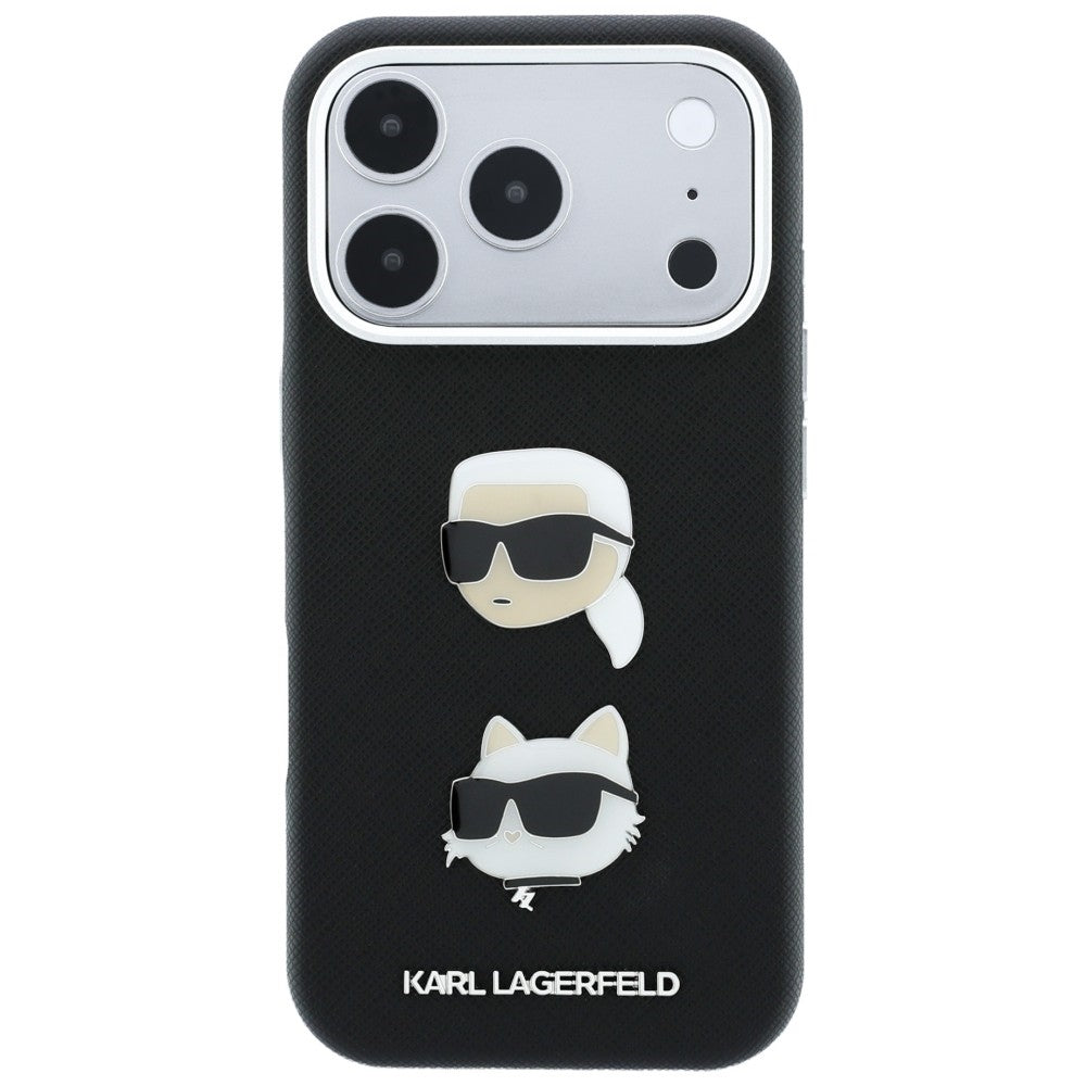 Custodia per Apple iPhone 18 Pro / 17 Pro, Karl Lagerfeld, Saffiano Crossbody Karl & Choupette Head's Pins Logo, nera