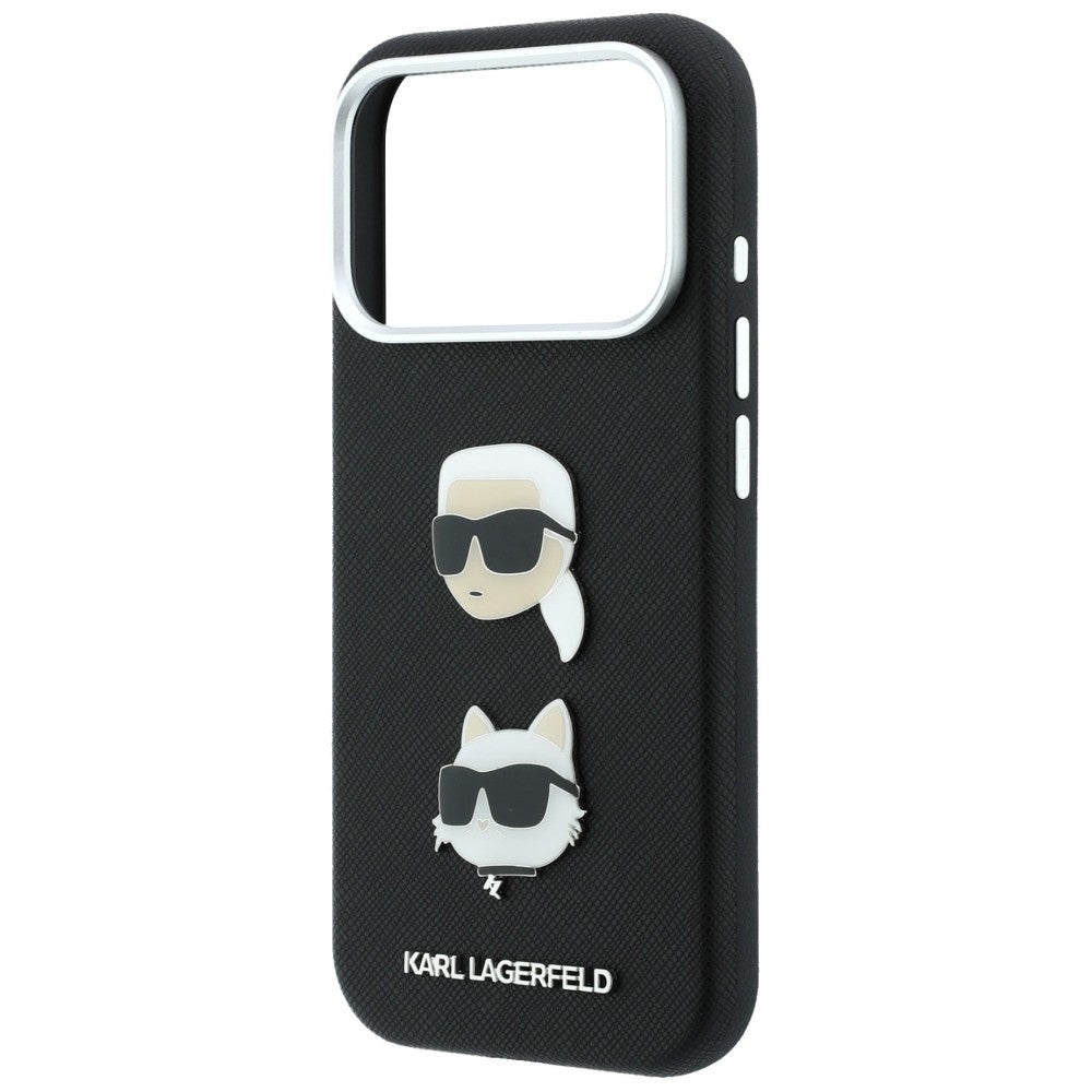Custodia per Apple iPhone 18 Pro / 17 Pro, Karl Lagerfeld, Saffiano Crossbody Karl & Choupette Head's Pins Logo, nera