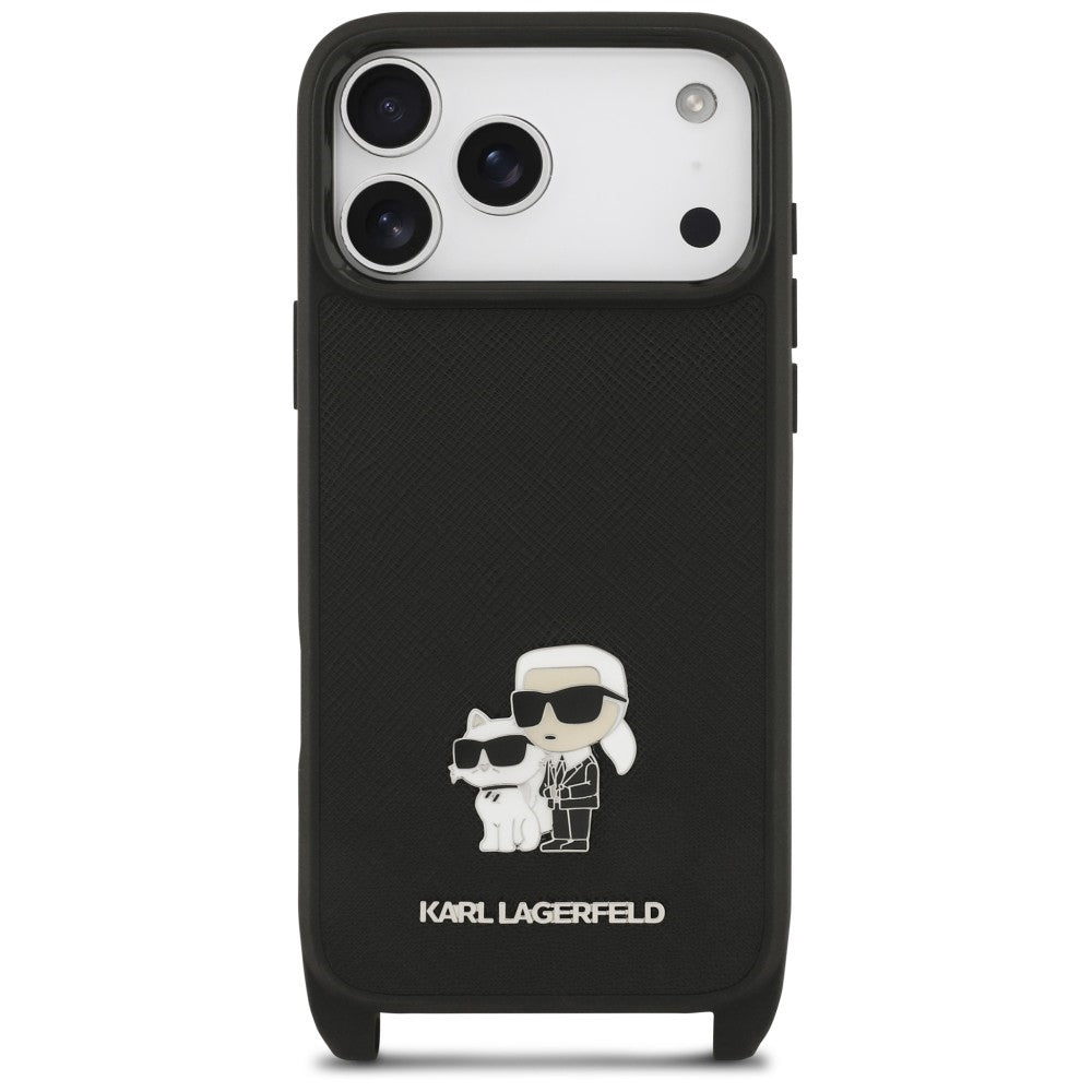 Custodia per Apple iPhone 18 Pro / 17 Pro, Karl Lagerfeld, Saffiano Crossbody Metal Pin Karl & Choupette, nera