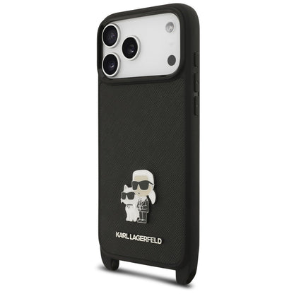 Custodia per Apple iPhone 18 Pro / 17 Pro, Karl Lagerfeld, Saffiano Crossbody Metal Pin Karl & Choupette, nera