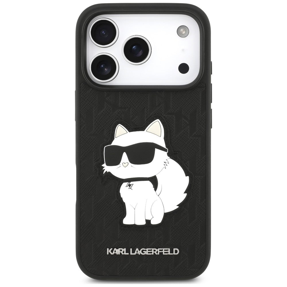 Custodia per Apple iPhone 18 Pro / 17 Pro, Karl Lagerfeld, Saffiano Mono Patch Choupette, nera