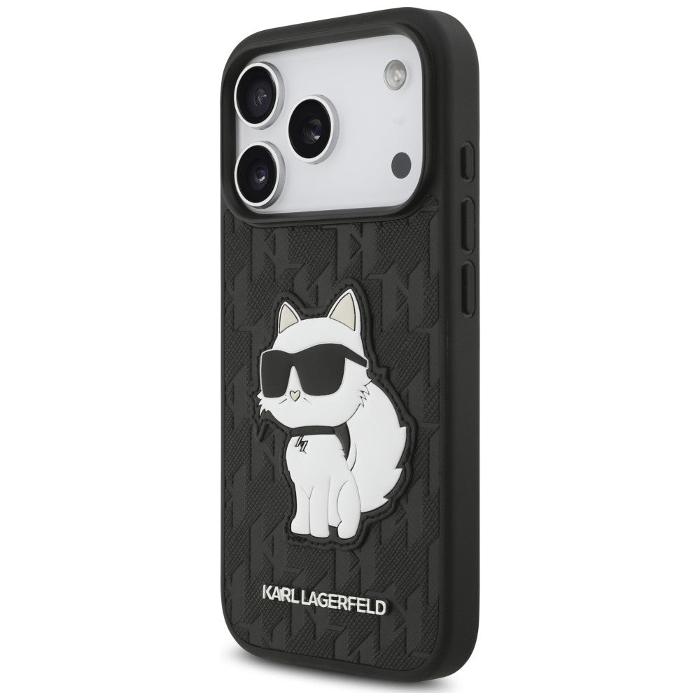 Custodia per Apple iPhone 18 Pro / 17 Pro, Karl Lagerfeld, Saffiano Mono Patch Choupette, nera