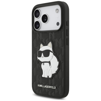 Custodia per Apple iPhone 18 Pro / 17 Pro, Karl Lagerfeld, Saffiano Mono Patch Choupette, nera