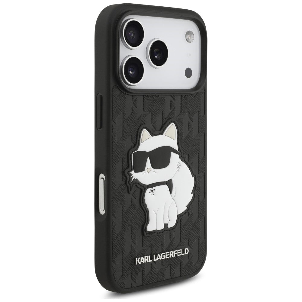 Custodia per Apple iPhone 18 Pro / 17 Pro, Karl Lagerfeld, Saffiano Mono Patch Choupette, nera