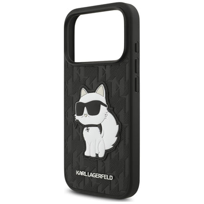 Custodia per Apple iPhone 18 Pro / 17 Pro, Karl Lagerfeld, Saffiano Mono Patch Choupette, nera
