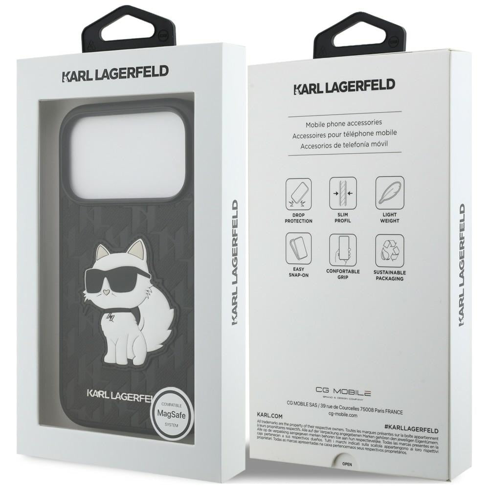 Custodia per Apple iPhone 18 Pro / 17 Pro, Karl Lagerfeld, Saffiano Mono Patch Choupette, nera