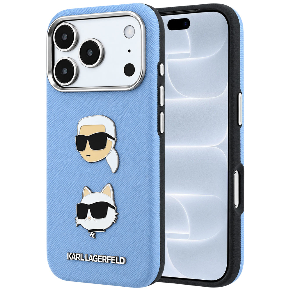 Custodia per Apple iPhone 18 Pro / 17 Pro, Karl Lagerfeld, Saffiano con spilla con le teste di Karl e Choupette e logo, blu