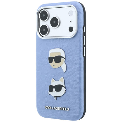 Custodia per Apple iPhone 18 Pro / 17 Pro, Karl Lagerfeld, Saffiano con spilla con le teste di Karl e Choupette e logo, blu