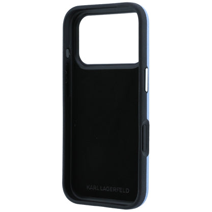 Custodia per Apple iPhone 18 Pro / 17 Pro, Karl Lagerfeld, Saffiano con spilla con le teste di Karl e Choupette e logo, blu