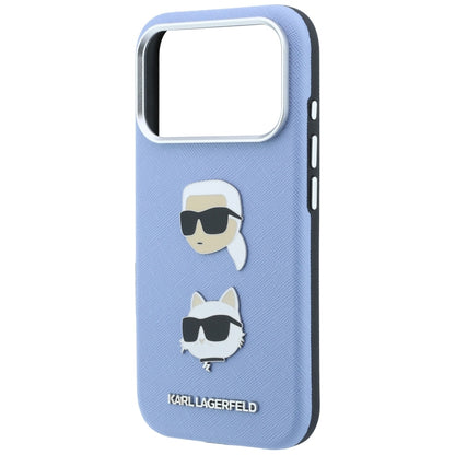 Custodia per Apple iPhone 18 Pro / 17 Pro, Karl Lagerfeld, Saffiano con spilla con le teste di Karl e Choupette e logo, blu