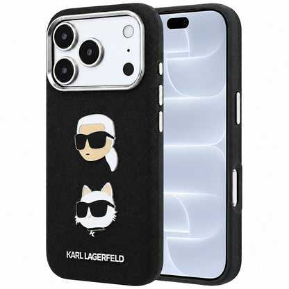 Custodia per Apple iPhone 18 Pro / 17 Pro, Karl Lagerfeld, Saffiano con spilla con le teste di Karl e Choupette e logo, nera