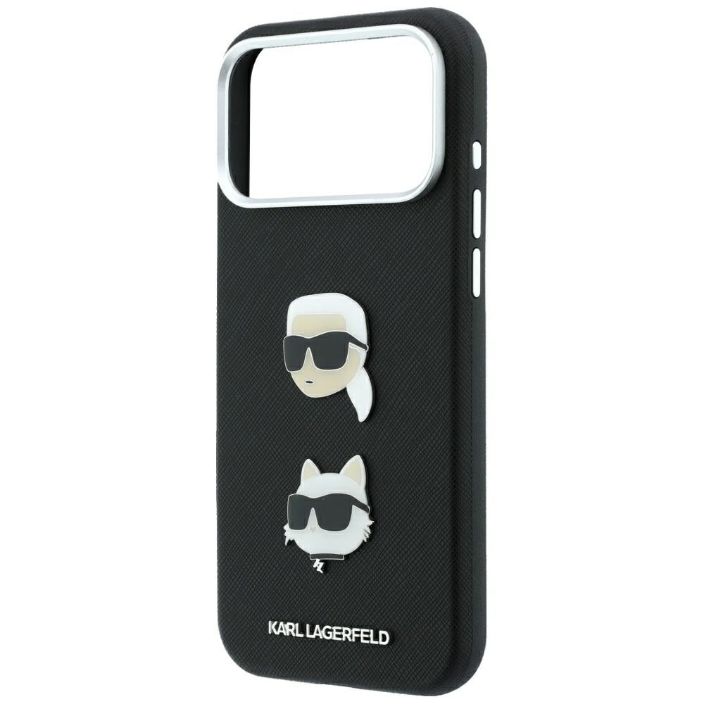 Custodia per Apple iPhone 18 Pro / 17 Pro, Karl Lagerfeld, Saffiano con spilla con le teste di Karl e Choupette e logo, nera