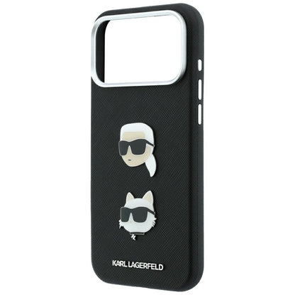 Custodia per Apple iPhone 18 Pro / 17 Pro, Karl Lagerfeld, Saffiano con spilla con le teste di Karl e Choupette e logo, nera