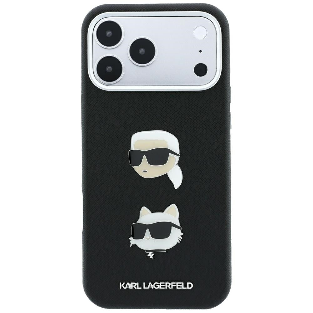 Custodia per Apple iPhone 18 Pro / 17 Pro, Karl Lagerfeld, Saffiano con spilla con le teste di Karl e Choupette e logo, nera