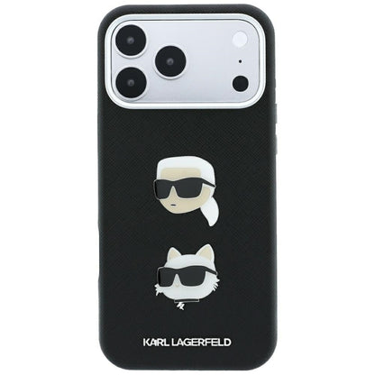 Custodia per Apple iPhone 18 Pro / 17 Pro, Karl Lagerfeld, Saffiano con spilla con le teste di Karl e Choupette e logo, nera