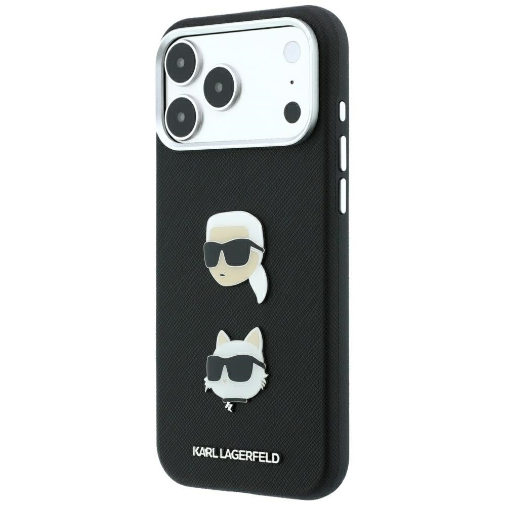 Custodia per Apple iPhone 18 Pro / 17 Pro, Karl Lagerfeld, Saffiano con spilla con le teste di Karl e Choupette e logo, nera