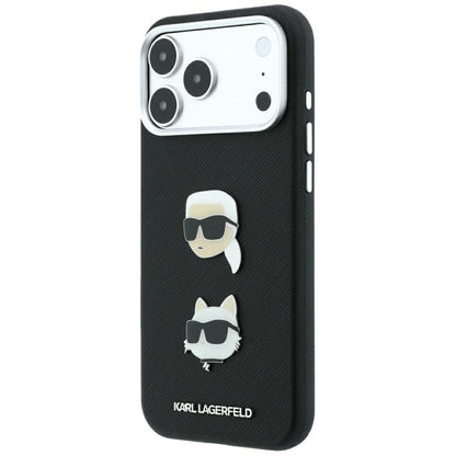 Custodia per Apple iPhone 18 Pro / 17 Pro, Karl Lagerfeld, Saffiano con spilla con le teste di Karl e Choupette e logo, nera