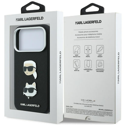 Custodia per Apple iPhone 18 Pro / 17 Pro, Karl Lagerfeld, Saffiano con spilla con le teste di Karl e Choupette e logo, nera