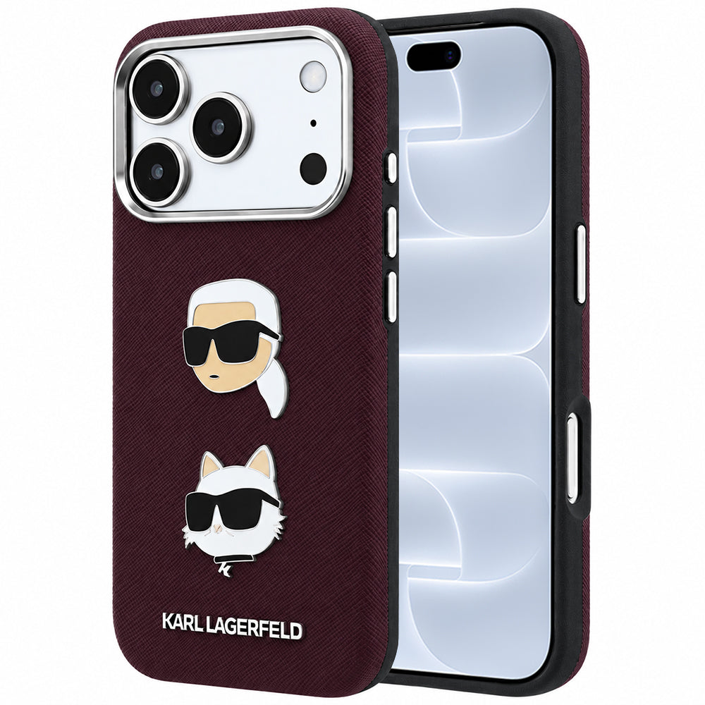 Custodia per Apple iPhone 18 Pro / 17 Pro, Karl Lagerfeld, Saffiano con Spilla Testa di Karl & Choupette e Logo, Vinaccia