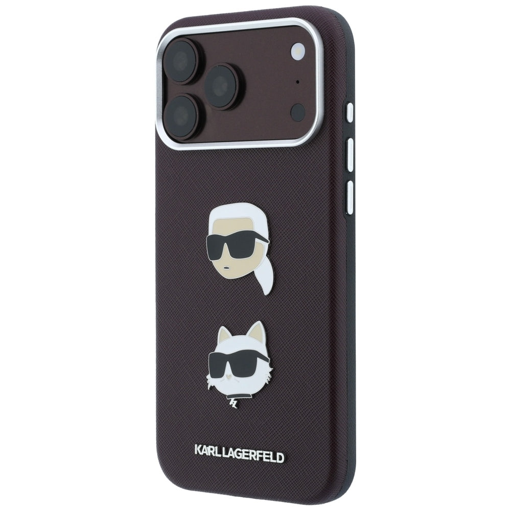 Custodia per Apple iPhone 18 Pro / 17 Pro, Karl Lagerfeld, Saffiano con Spilla Testa di Karl & Choupette e Logo, Vinaccia