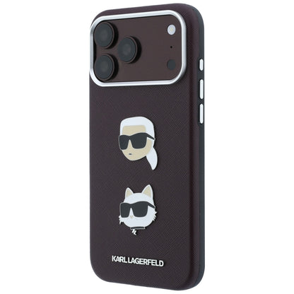 Custodia per Apple iPhone 18 Pro / 17 Pro, Karl Lagerfeld, Saffiano con Spilla Testa di Karl & Choupette e Logo, Vinaccia