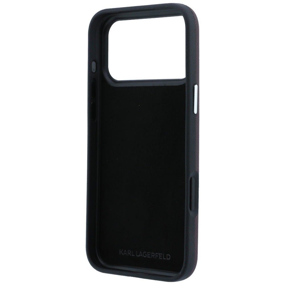 Custodia per Apple iPhone 18 Pro / 17 Pro, Karl Lagerfeld, Saffiano con Spilla Testa di Karl & Choupette e Logo, Vinaccia