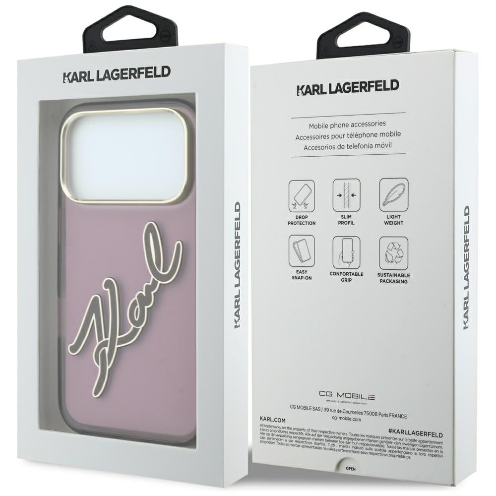 Custodia per Apple iPhone 18 Pro Max / 17 Pro Max, Karl Lagerfeld, IML Big Signature Resina Logo Cornice Metallica, Vinaccia