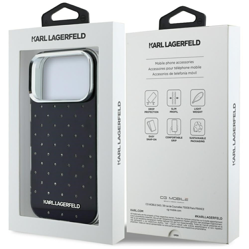 Case for Apple iPhone 18 Pro Max / 17 Pro Max, Karl Lagerfeld, IML Rhinestones and Electroplated Logo, Black