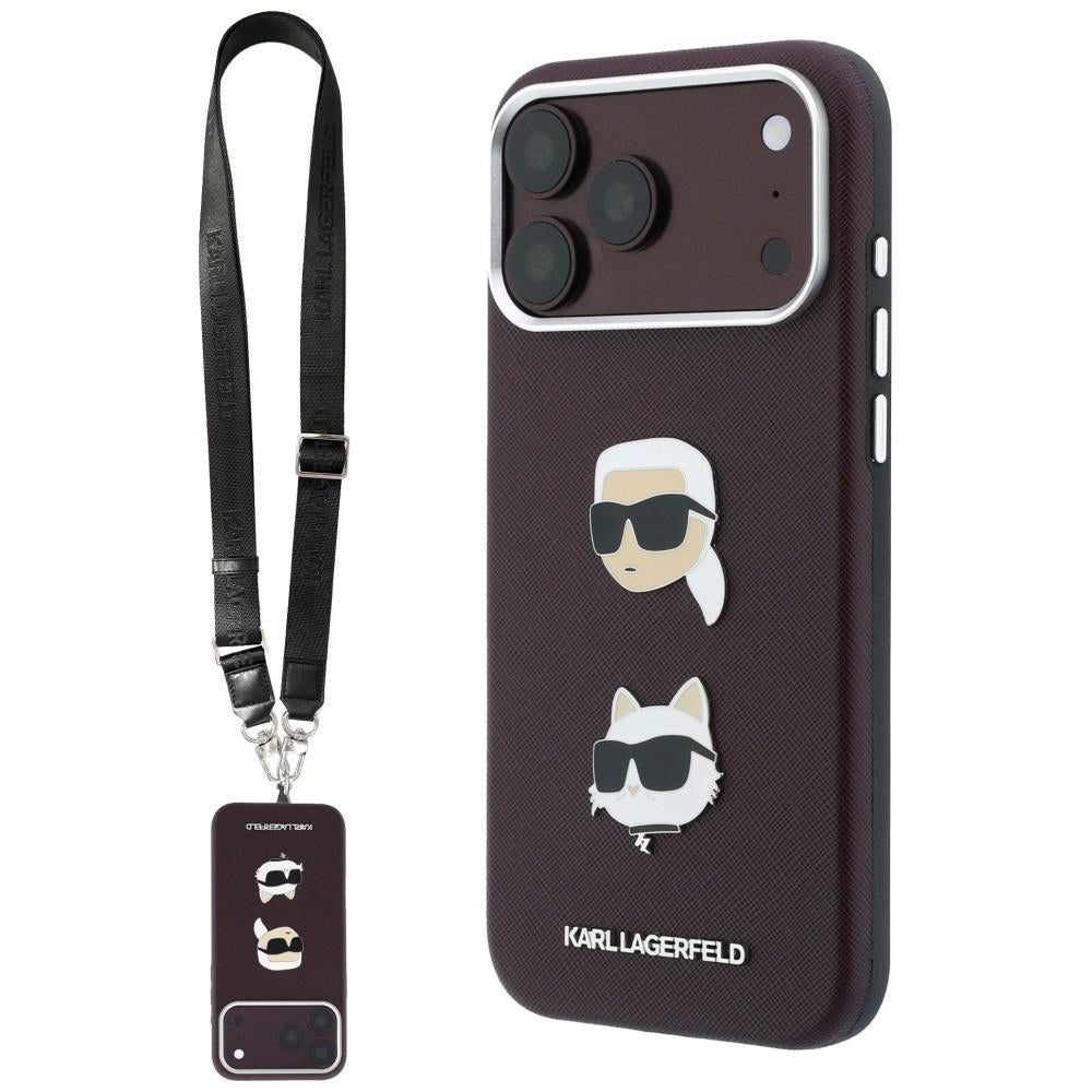 Custodia per Apple iPhone 18 Pro Max / 17 Pro Max, Karl Lagerfeld, Saffiano Crossbody Karl & Choupette Head's Pins Logo, color bordeaux