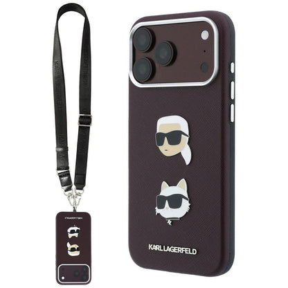 Custodia per Apple iPhone 18 Pro Max / 17 Pro Max, Karl Lagerfeld, Saffiano Crossbody Karl & Choupette Head's Pins Logo, color bordeaux