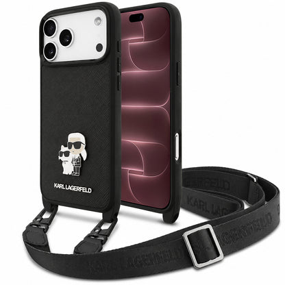 Custodia per Apple iPhone 18 Pro Max / 17 Pro Max, Karl Lagerfeld, Saffiano Crossbody Metal Pin Karl & Choupette, nera