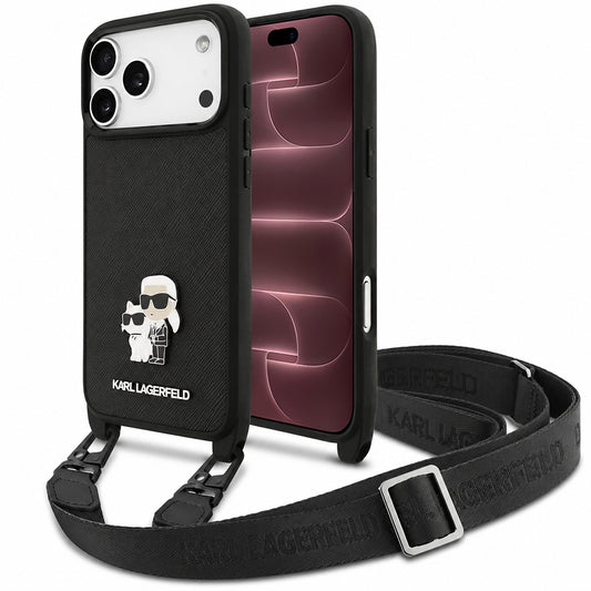 Custodia per Apple iPhone 18 Pro Max / 17 Pro Max, Karl Lagerfeld, Saffiano Crossbody Metal Pin Karl & Choupette, nera