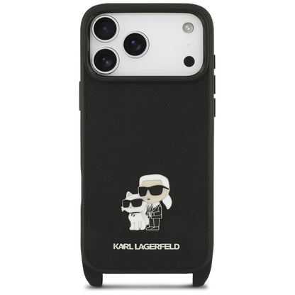 Custodia per Apple iPhone 18 Pro Max / 17 Pro Max, Karl Lagerfeld, Saffiano Crossbody Metal Pin Karl & Choupette, nera