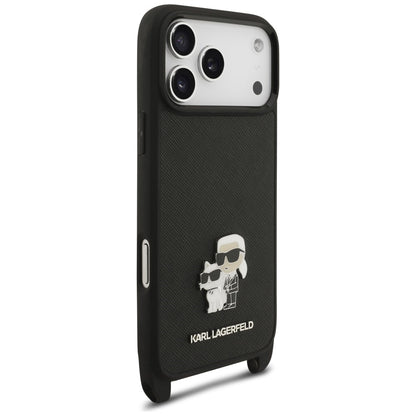 Custodia per Apple iPhone 18 Pro Max / 17 Pro Max, Karl Lagerfeld, Saffiano Crossbody Metal Pin Karl & Choupette, nera