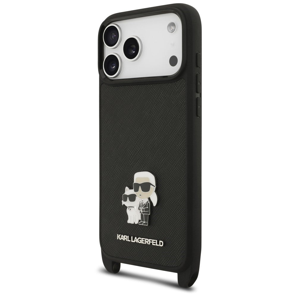 Custodia per Apple iPhone 18 Pro Max / 17 Pro Max, Karl Lagerfeld, Saffiano Crossbody Metal Pin Karl & Choupette, nera